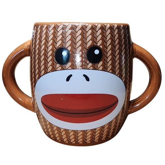Galerie Brown Sock Monkey Double Handle & Sided Coffee Cup Mug Ceramic 14 oz. - Picture 1 of 8